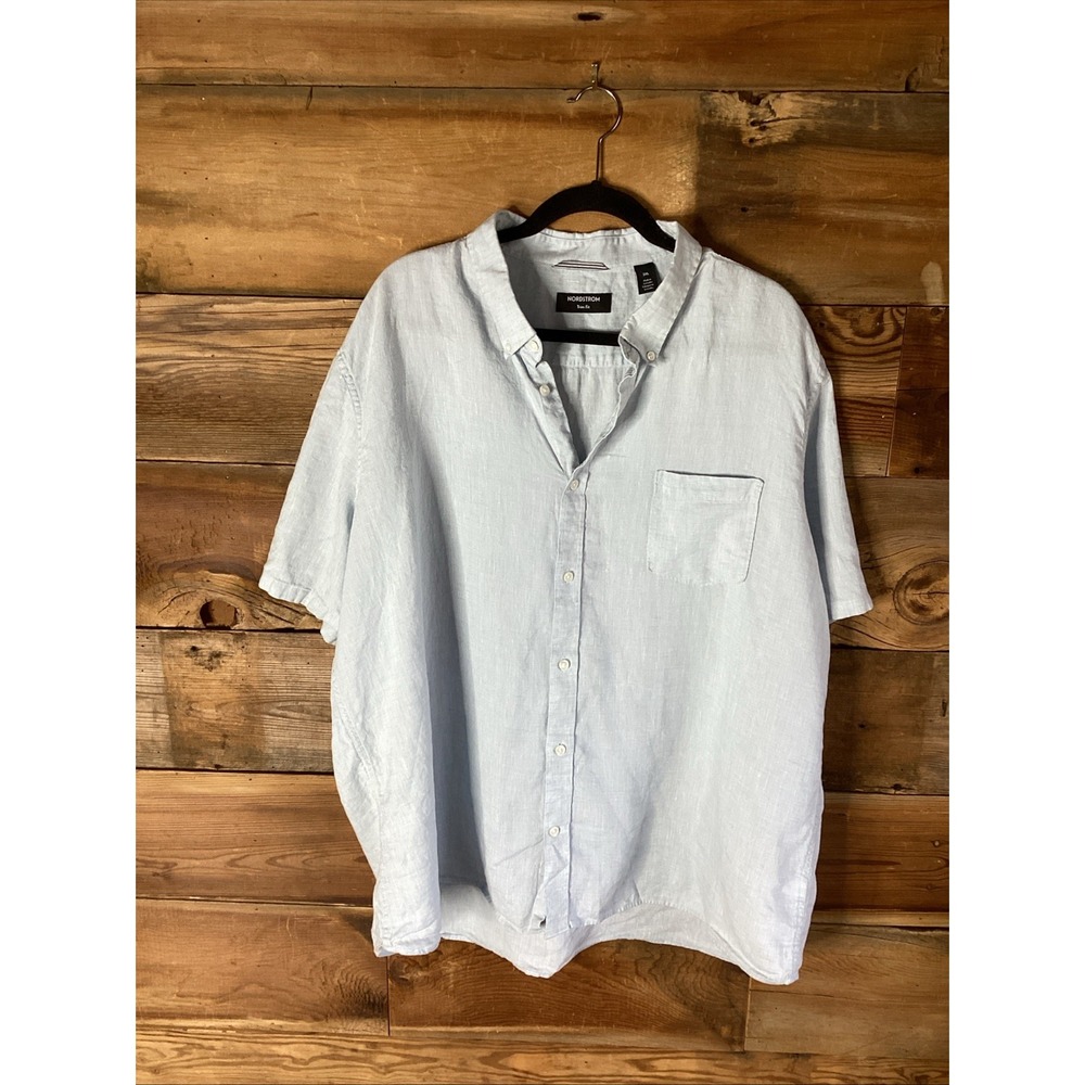 NORDSTROM 100% Linen Short Sleeves Trim Fit Shirt Size 3X Pale Blue